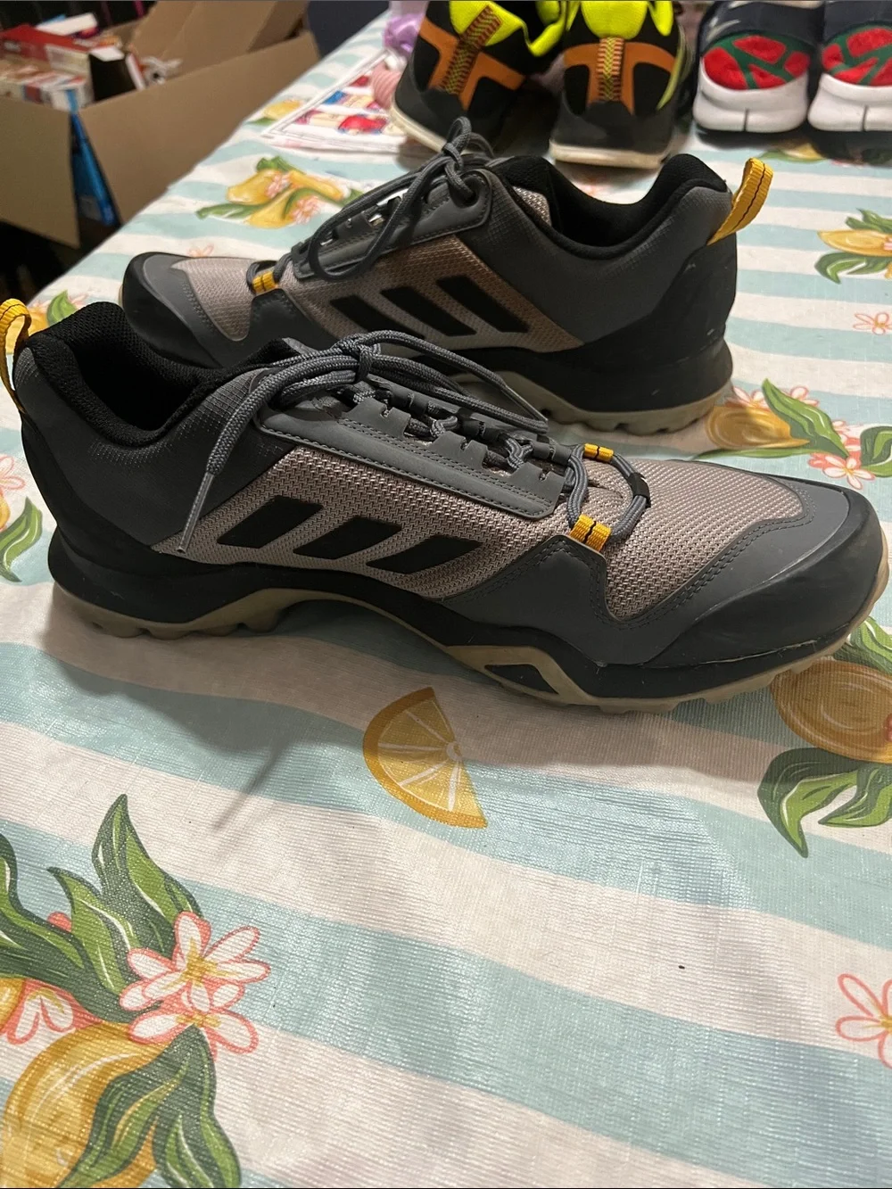 adidas Gray and Black Men's Trail-Style Sneakers with Yellow Accents